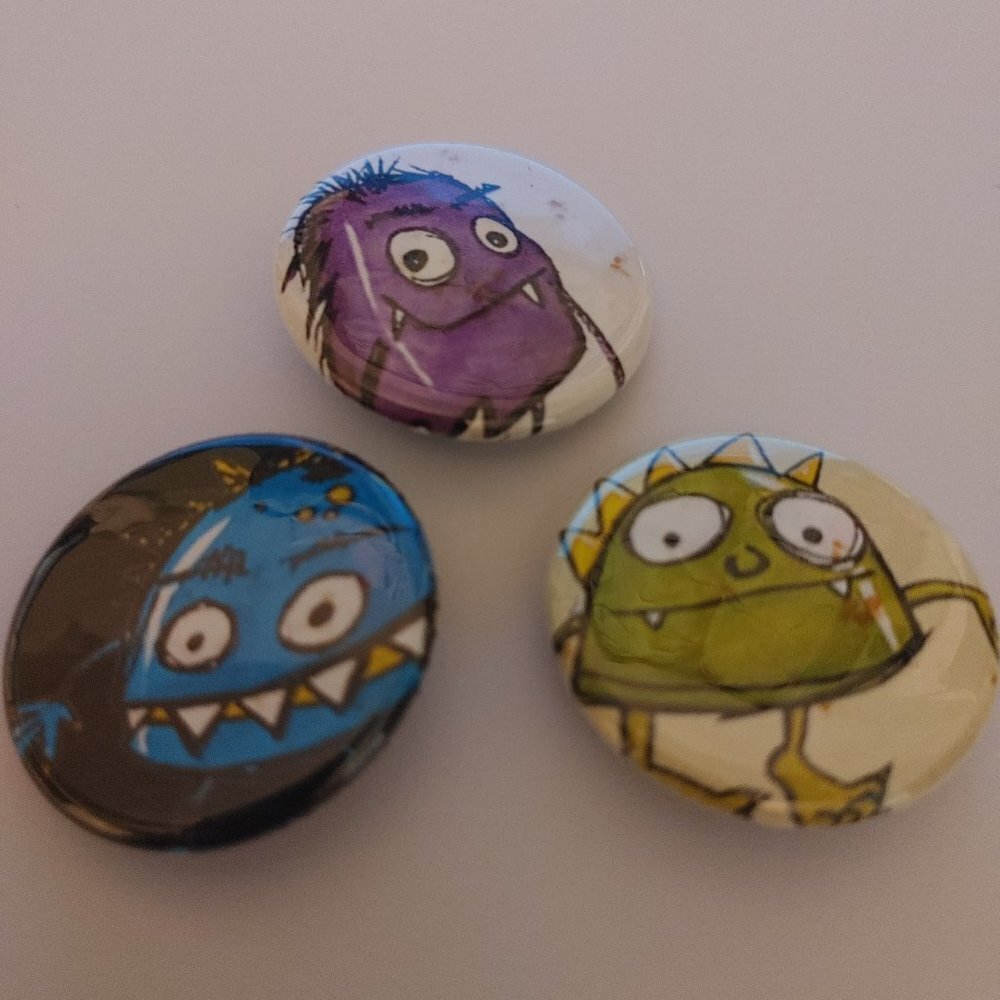 CUTE Spooky Scary Monsters FUGLY UGLY CUTE Hand Drawn Pins Metal Pin Backs
